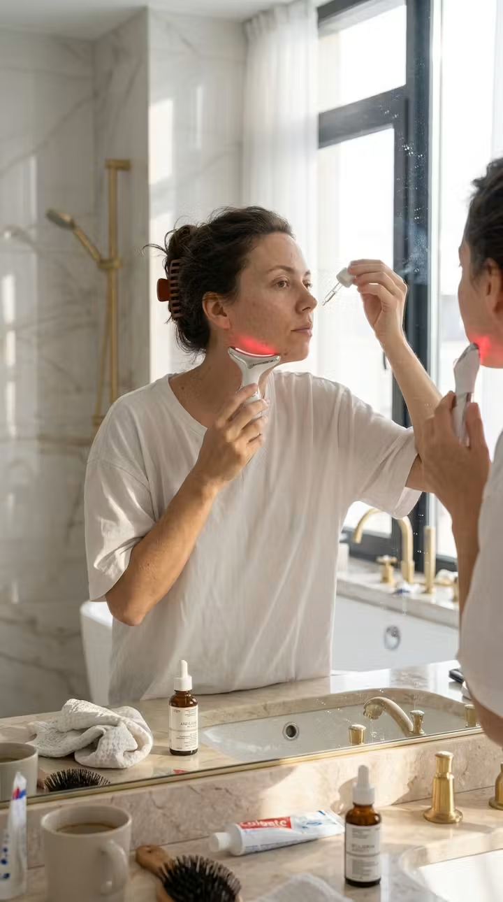 Woman using the Ecloria Beauty facial sculpting device